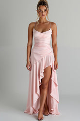 Gerüschte Hoch Niedrig Spaghettiträger Hellrosa Abendkleid aus Chiffon